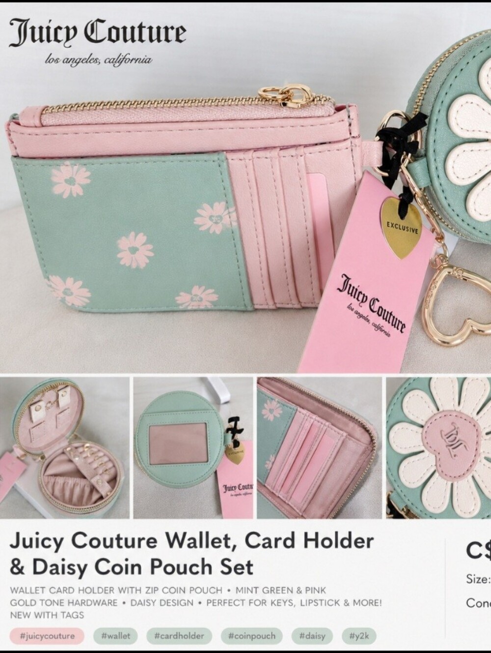NWT Juicy Couture Daisy Card Holder Wallet & Round Coin Pouch Keychain Set Mint